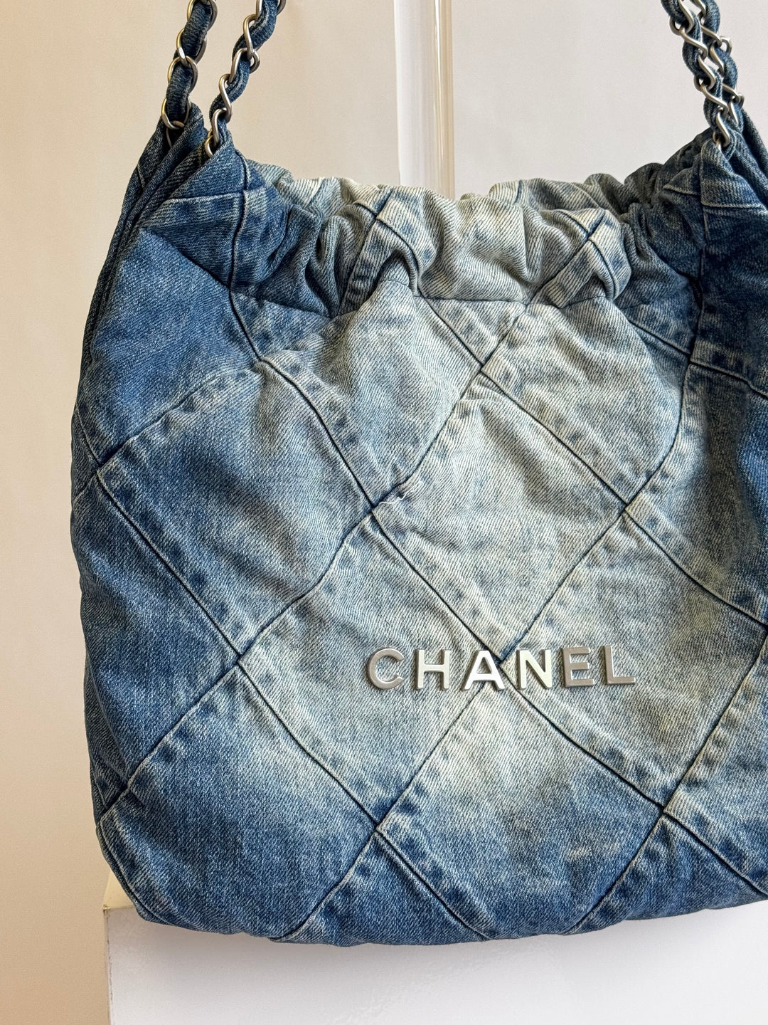 Chanel 23P Small Denim 22 Drawstring Bag