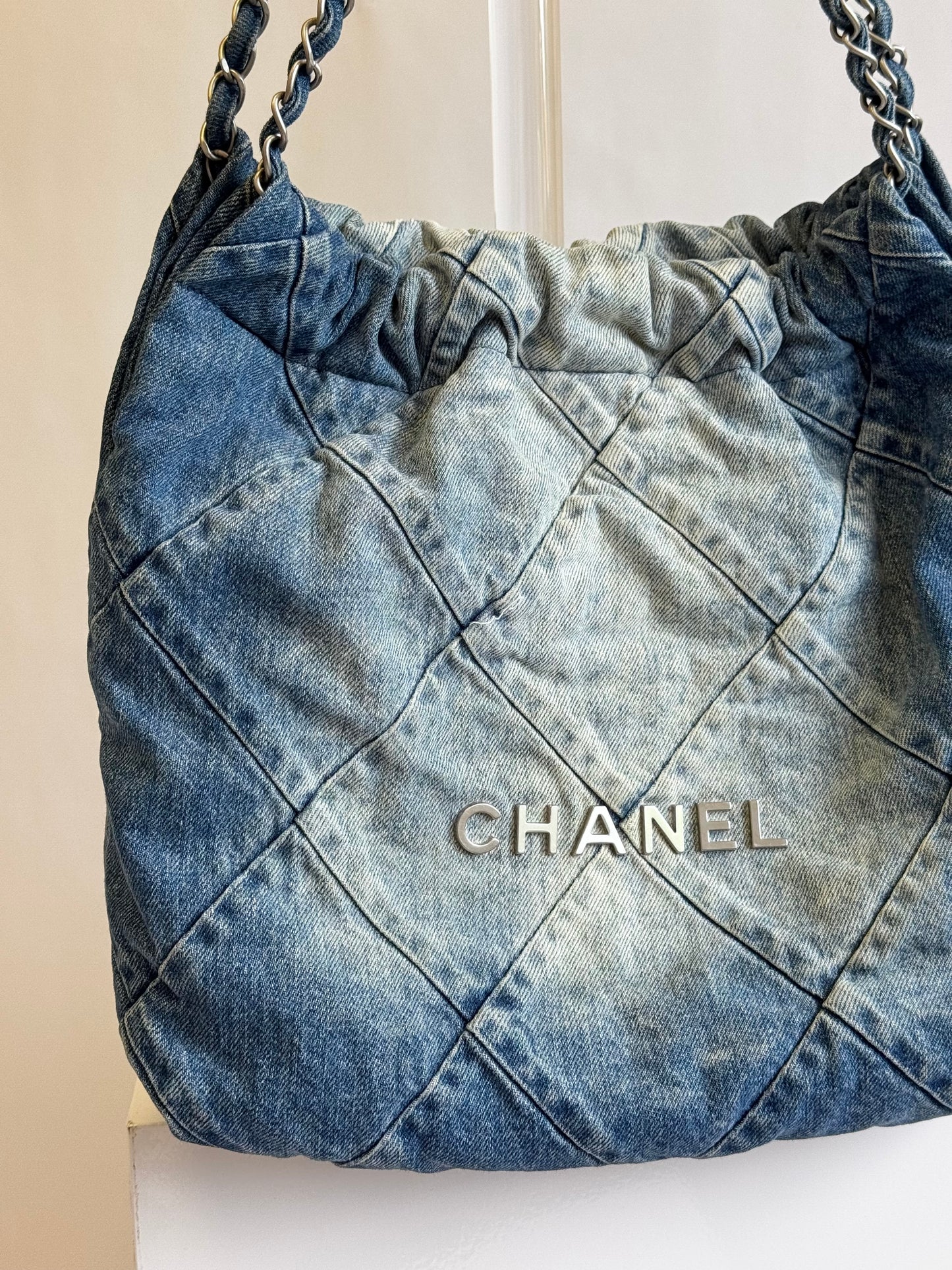 Chanel 23P Small Denim 22 Drawstring Bag