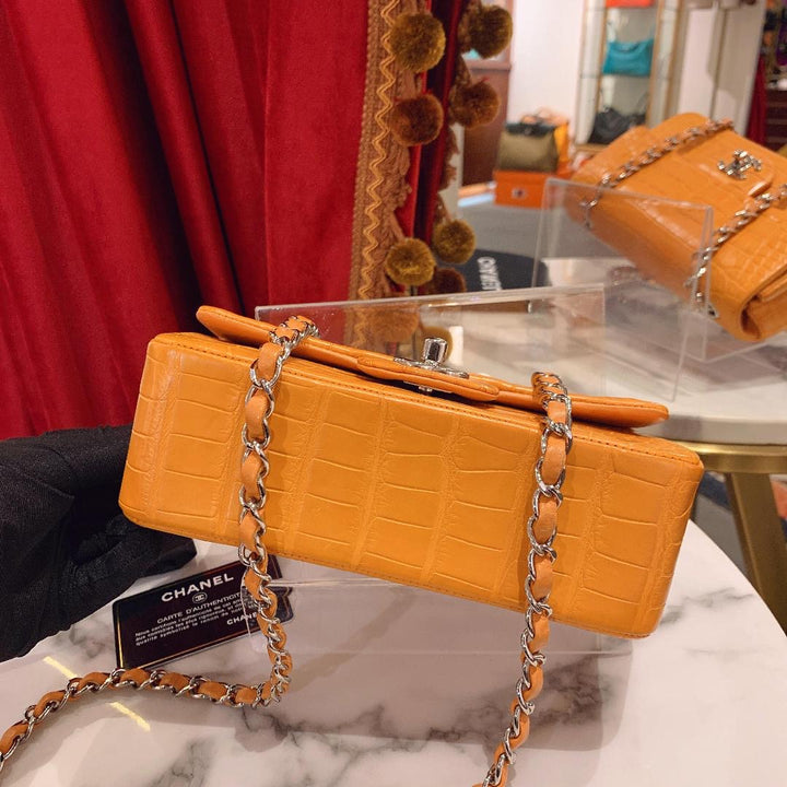 Chanel Orange Matte Croc Mini Flap Silver Hardware 2014