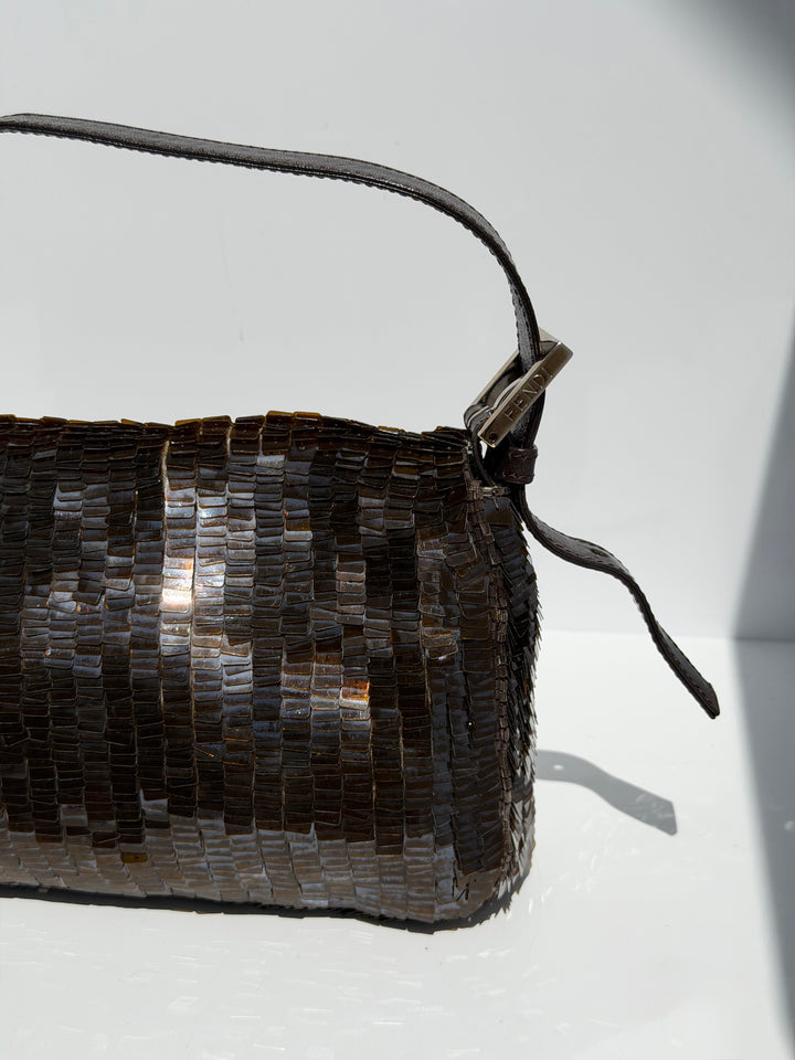 Fendi Brown Sequin Zucca FF Baguette Silver Hardware