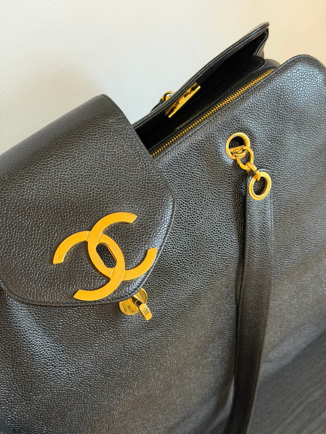 Chanel Black Caviar XL Supermodel Tote Bag 24K Gold Plated Hardware 1994