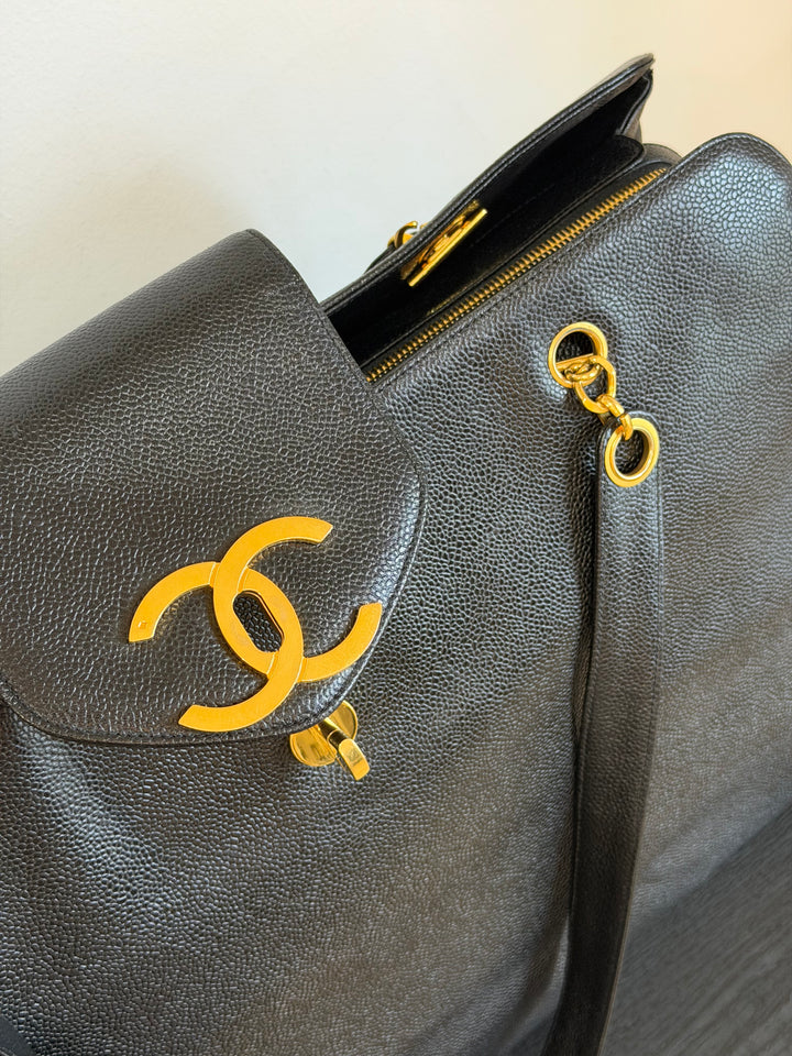 Chanel Black Caviar XL Supermodel Tote Bag 24K Gold Plated Hardware 1994