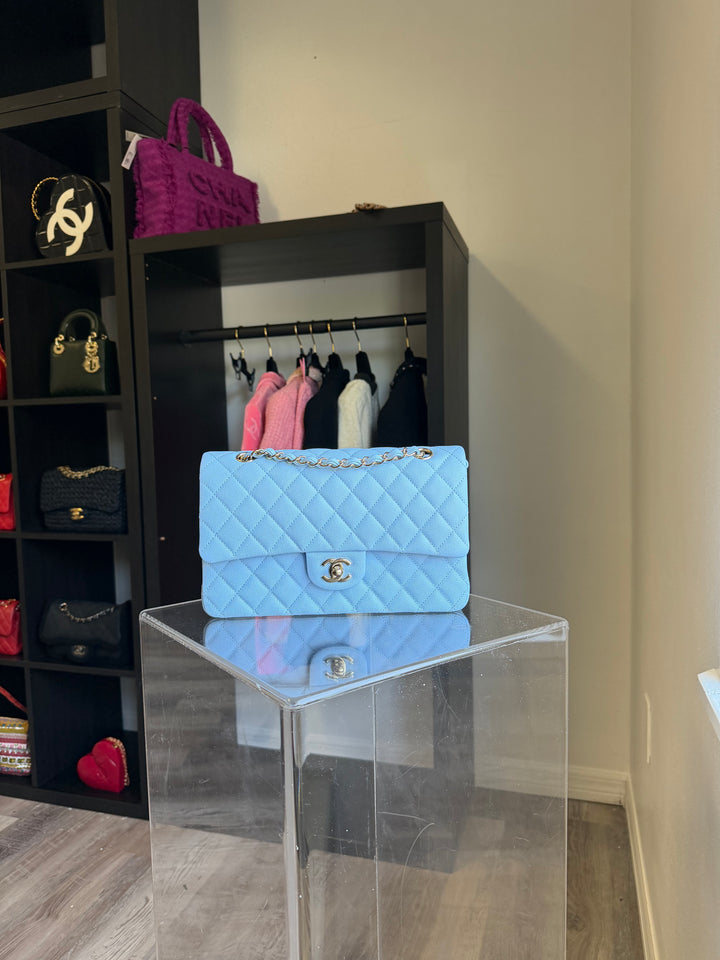 Chanel Medium Classic Double Flap Caviar Light Blue Light Gold Hardware 2023