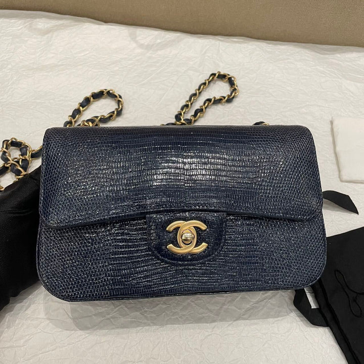 Chanel Navy Blue Lizard Mini Flap Brushed Gold Hardware 2018