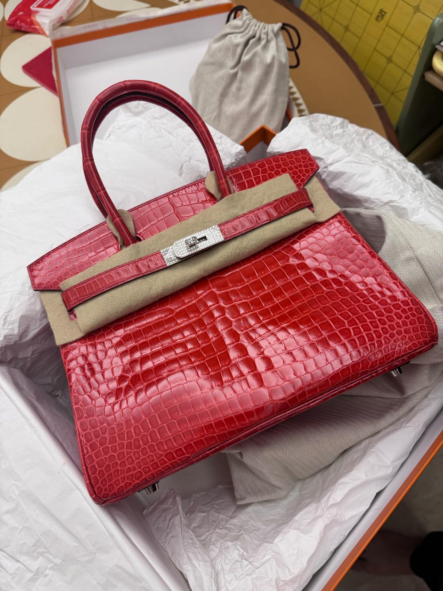 Hermes White Gold Diamond Geranium Crocodile Birkin 30