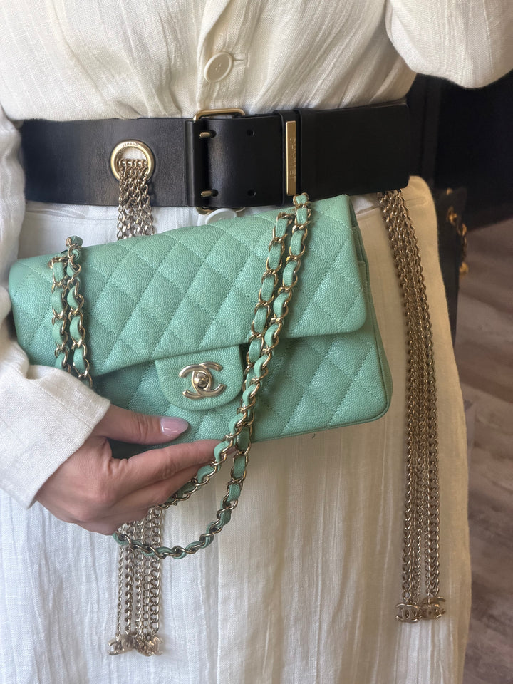 Chanel Small Classic Double Flap Caviar Green Light Gold Hardware 2023
