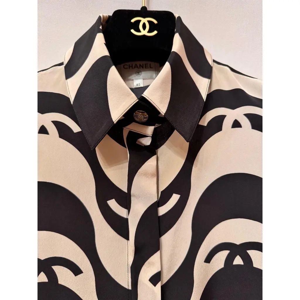 Chanel 2021 Black & White Silk Wave Shirt & Pants Set