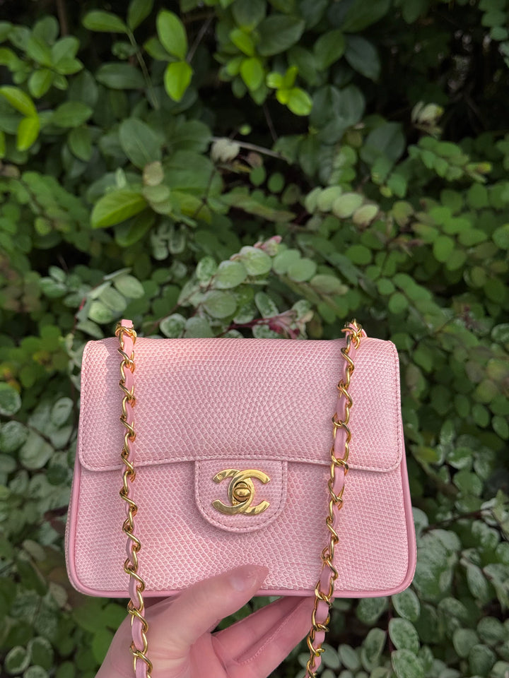 Chanel Sakura Pink Vintage Lizard Mini Square Flap Bag