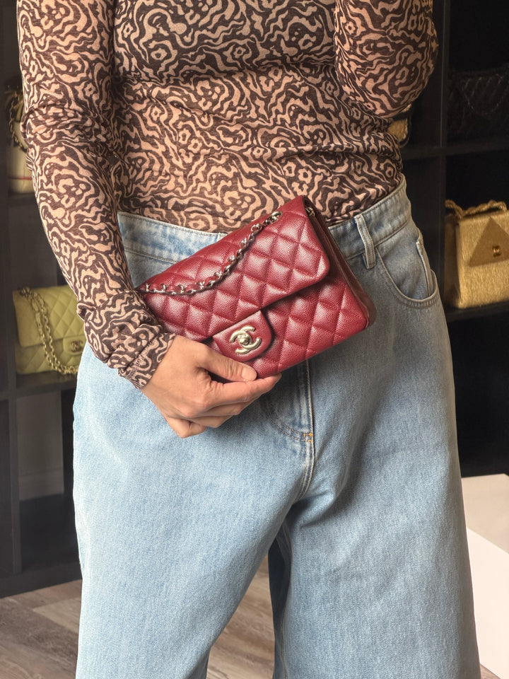 Chanel Small Classic Double Flap Caviar Burgundy Silver Hardware 2020