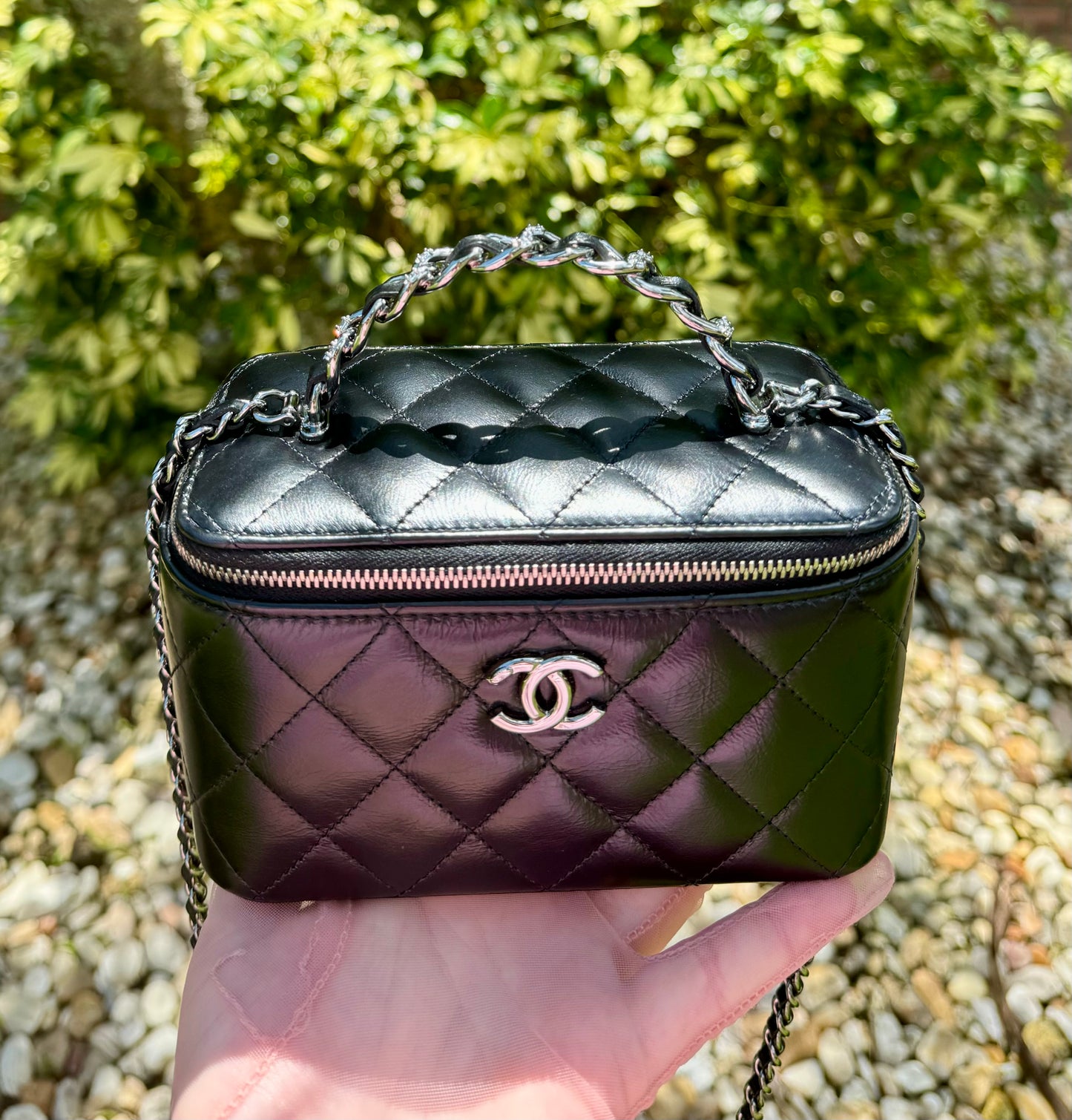 Chanel Shiny Calfskin Quilted Small Crystal Top Handle Vanity W Chain