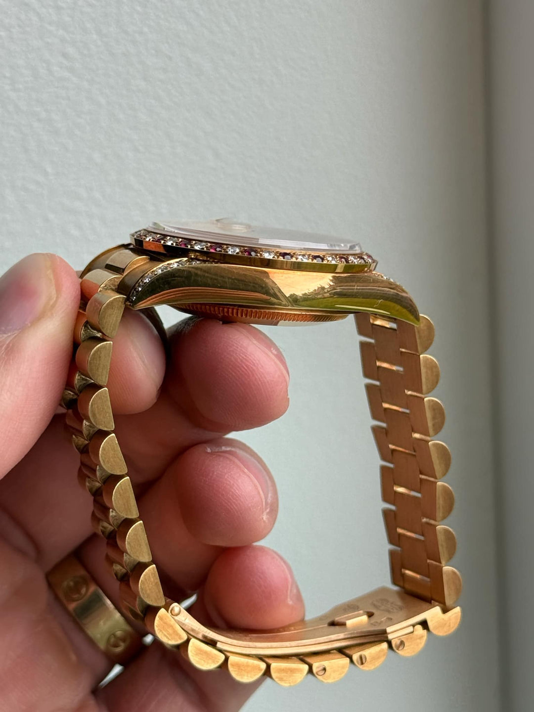 Vintage 1990 Rolex Day-Date 36mm Yellow Gold, Ruby String Dial Diamond Watch