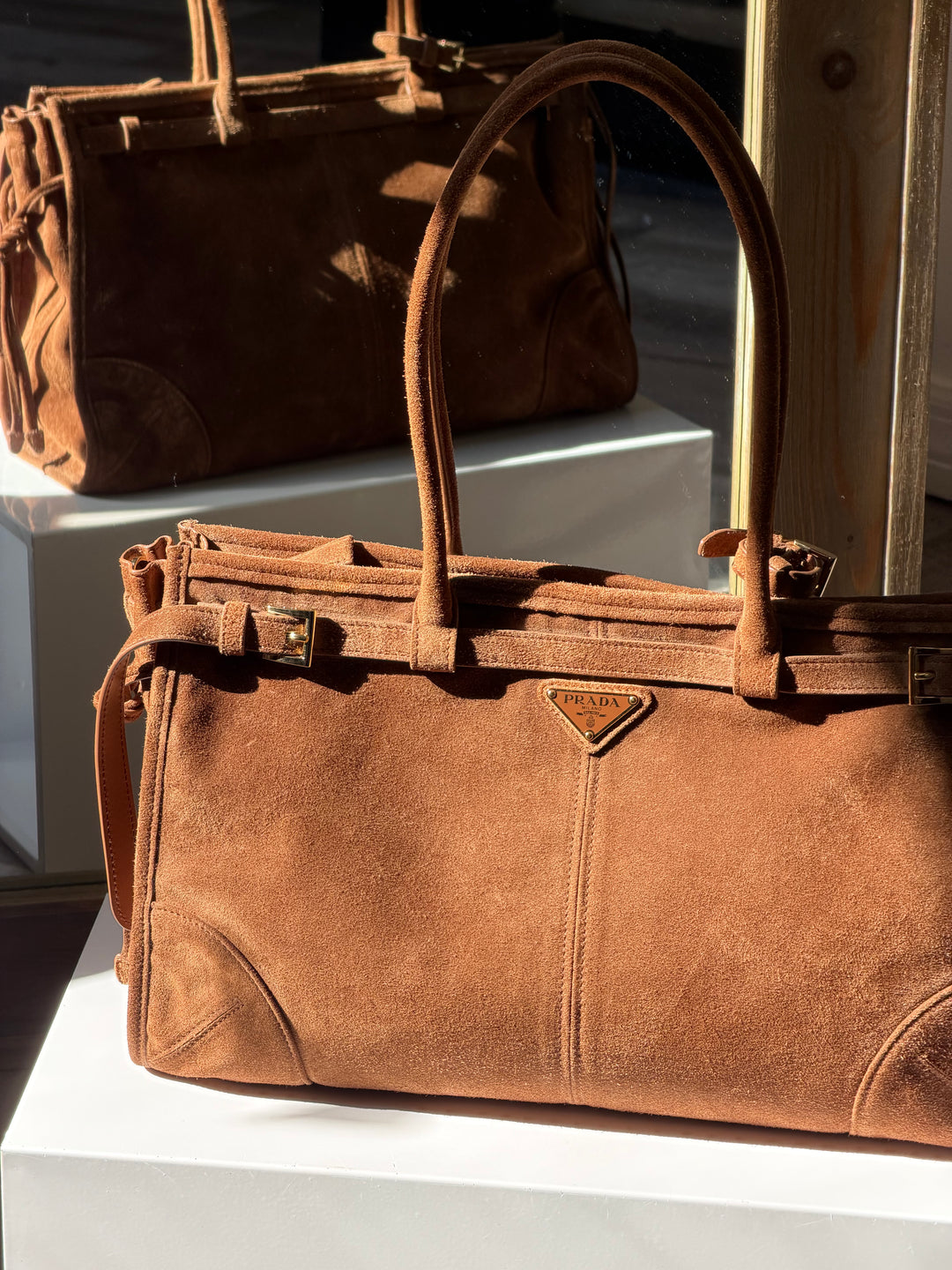 Prada Bonnie Large Tote Bag Cacao Suede Gold Tone Hardware