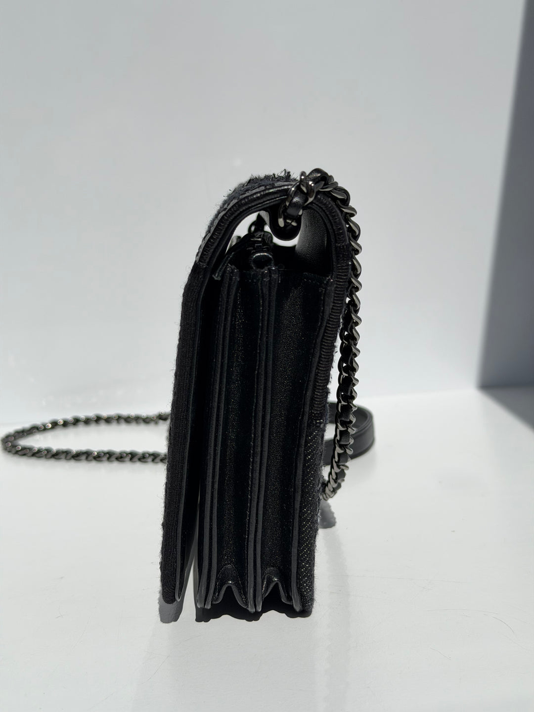 Chanel Black Mixed Media Patchwork Square Wallet on Chain Silver Hardware 2018