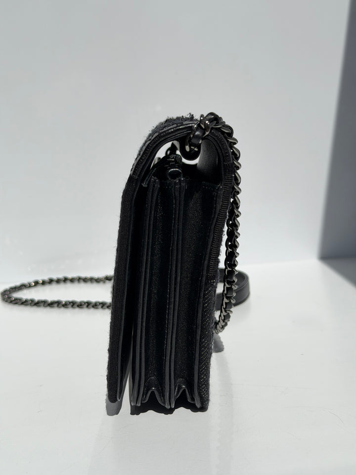Chanel Black Mixed Media Patchwork Square Wallet on Chain Silver Hardware 2018