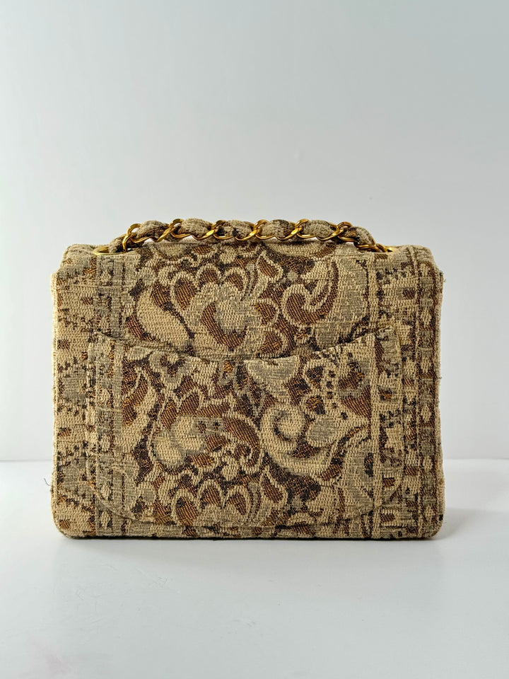 Chanel 1991 Bronze Metallic Brocade Vintage Mini Square Flap Bag
