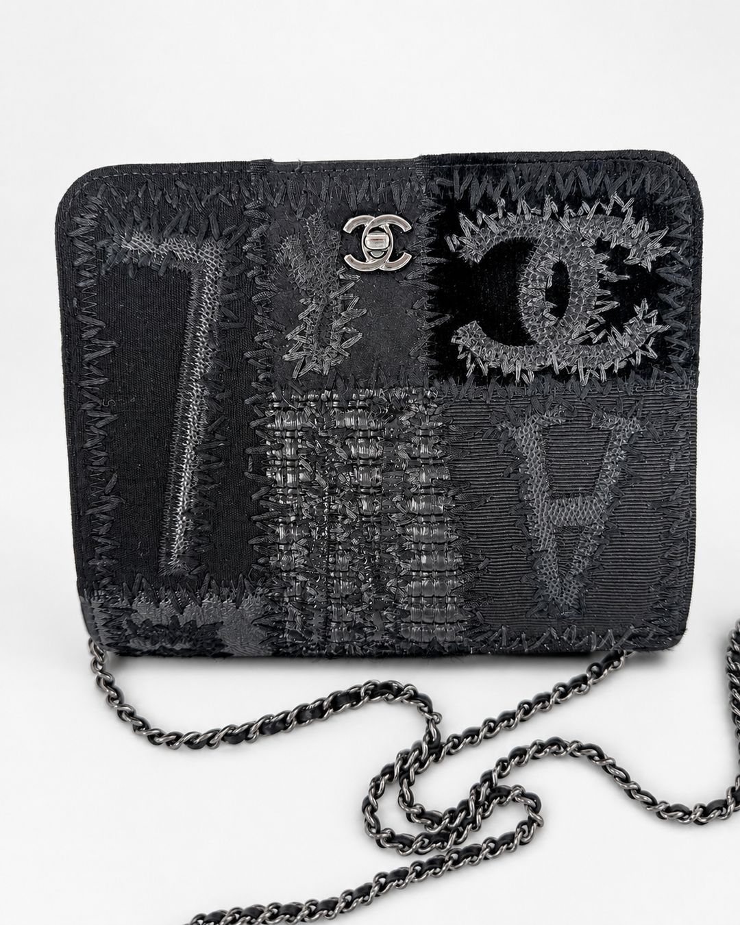 Chanel Black Mixed Media Patchwork Square Wallet on Chain Silver Hardware 2018