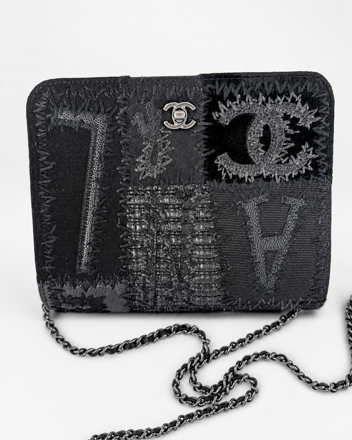 Chanel Black Mixed Media Patchwork Square Wallet on Chain Silver Hardware 2018