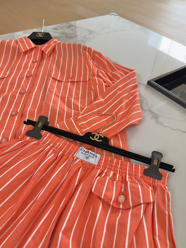 Chanel Vintage 1980s Orange Striped Top & Bottom Set