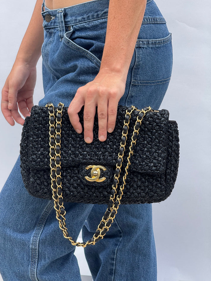 Chanel 18C Black Ancient Greece Raffia Crochet Flap Bag