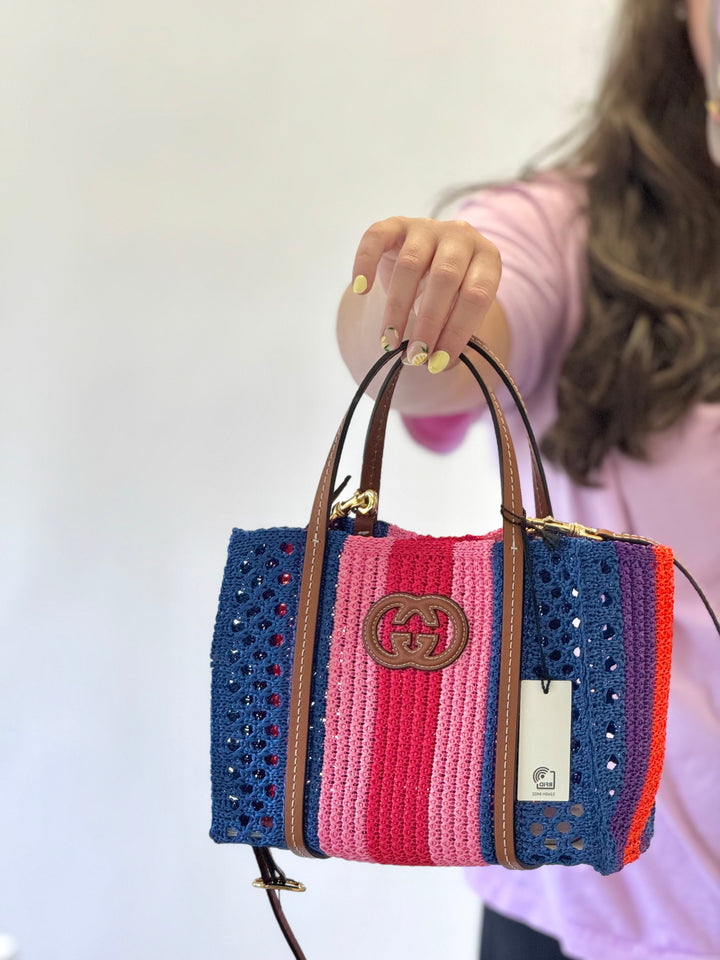 Gucci Interlocking Multicolor Raffia Tote Bag