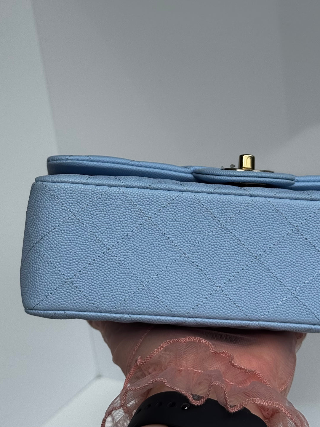 Chanel Small Classic Double Flap Caviar Light Blue Light Gold Hardware 2023