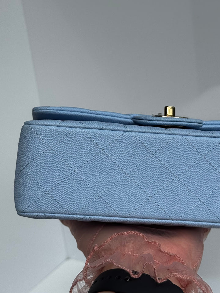 Chanel Small Classic Double Flap Caviar Light Blue Light Gold Hardware 2023