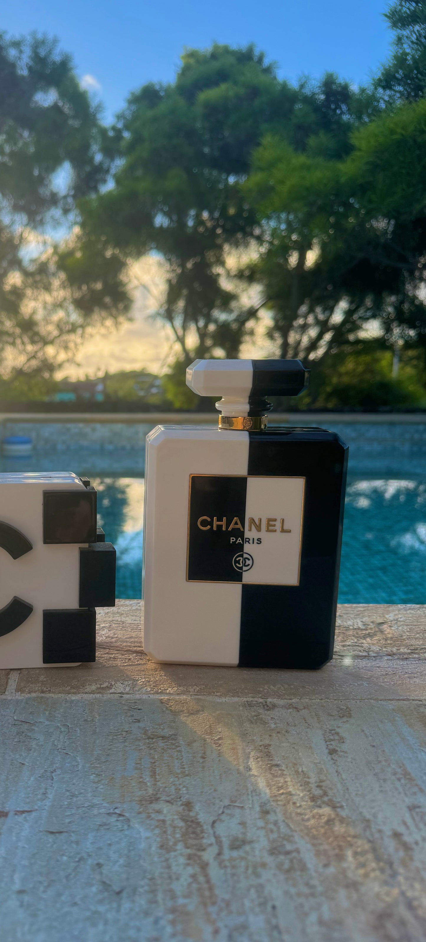 Chanel Black & White Acrylic Plexiglass Perfume Bottle Minaudière