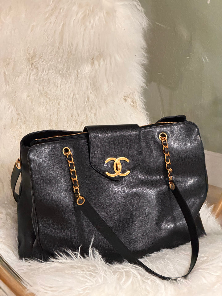 Chanel Black Caviar XL Supermodel Tote Bag 24K Gold Plated Hardware 1994