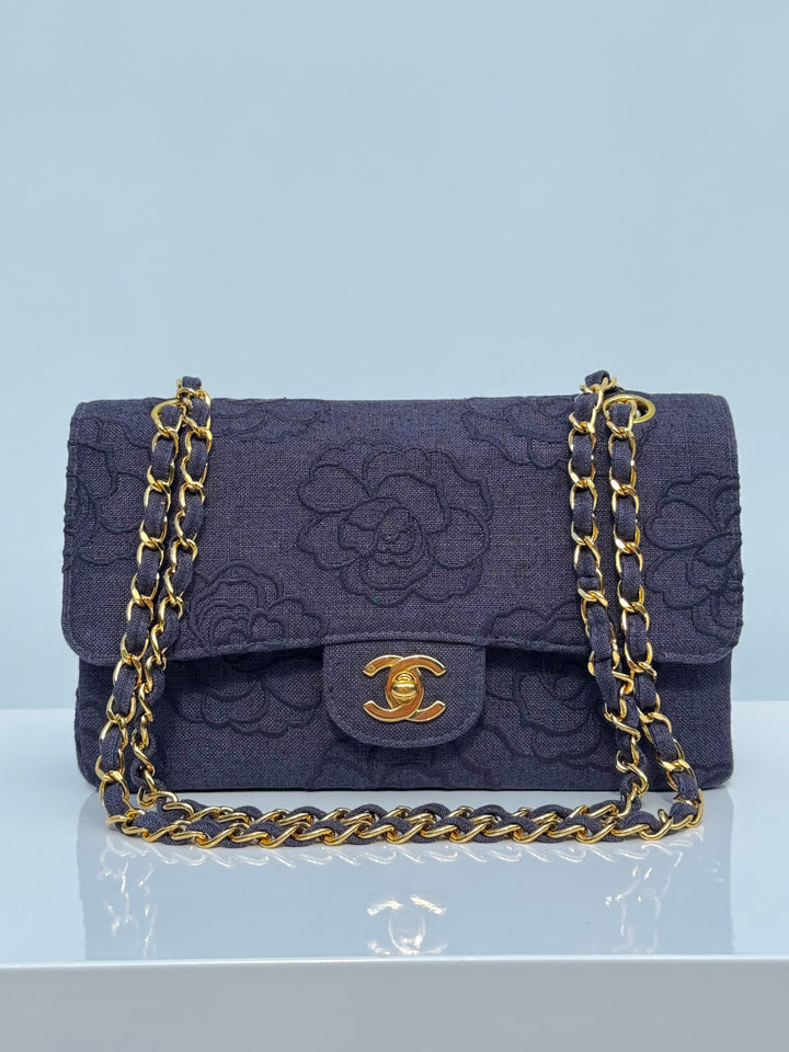 Chanel 1997 Medium 24K Navy Camellia Classic Flap Bag