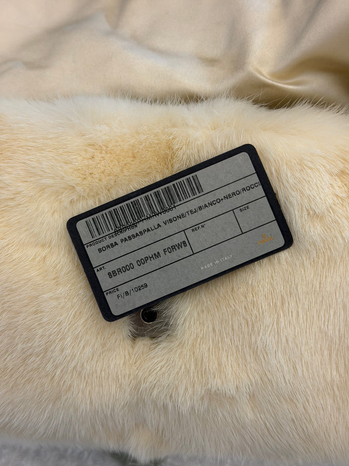 Fendi Crystal Embellished Baguette White Mink Fur Lizard Trim Gold Tone Hardware