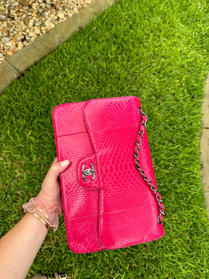 Chanel Fuschia Python Jumbo Double Flap