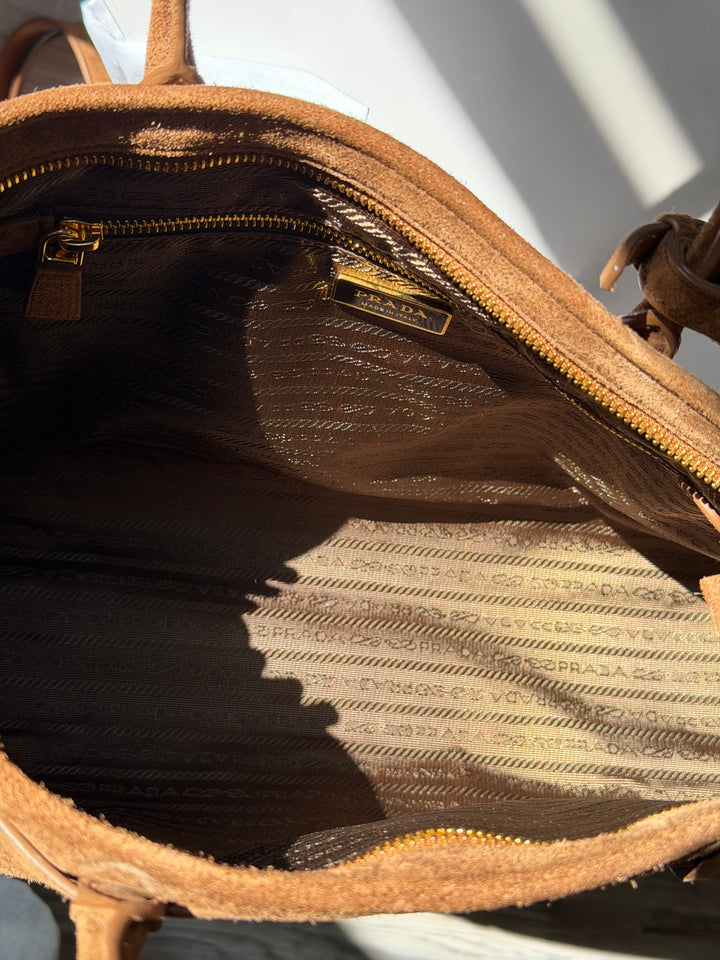 Prada Bonnie Large Tote Bag Cacao Suede Gold Tone Hardware