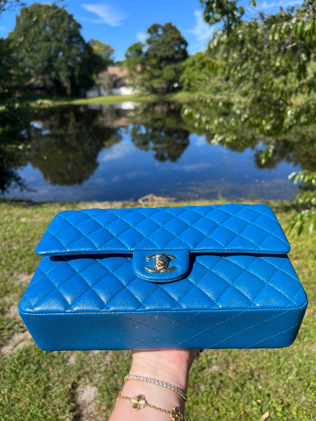 Chanel Blue Iridescent Medium Caviar Double Flap Bag