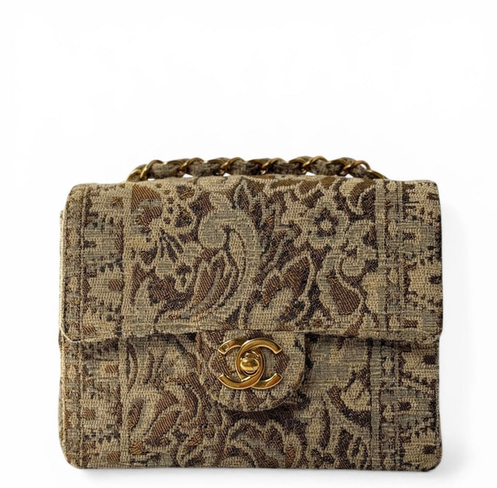 Chanel Mini Square Flap Bronze Metallic Brocade 24K Gold Hardware 1991