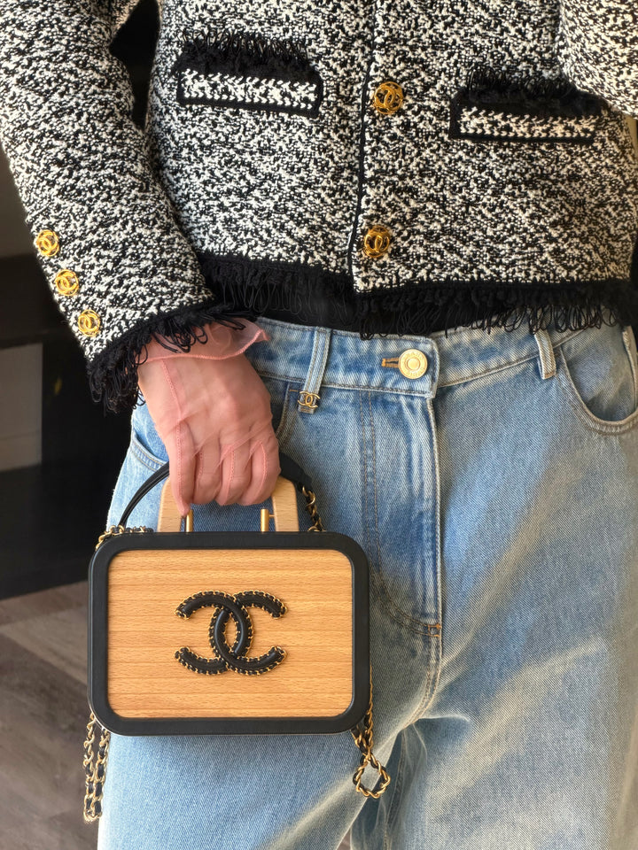 Chanel CC Square Vanity Case Beech Wood & Black Lambskin Brushed Gold Hardware 2022