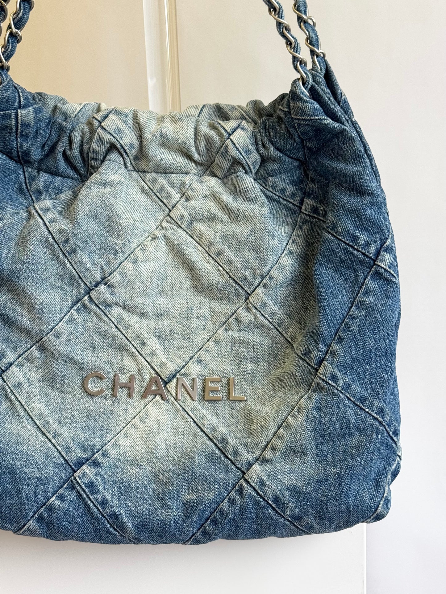 Chanel 23P Small Denim 22 Drawstring Bag