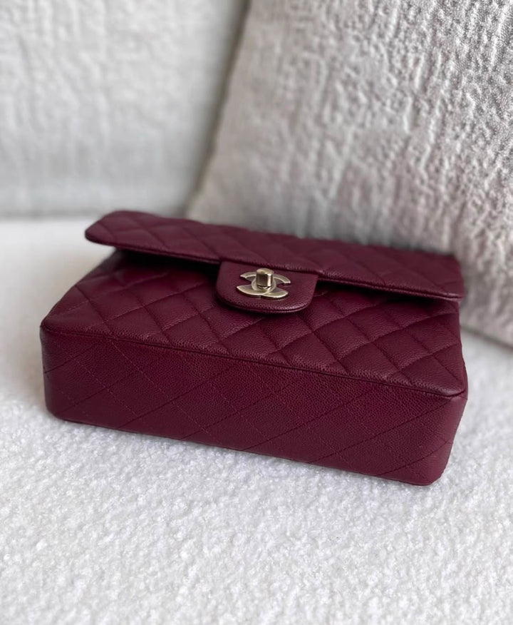 Chanel Small Classic Double Flap Caviar Burgundy Light Gold Hardware 2023