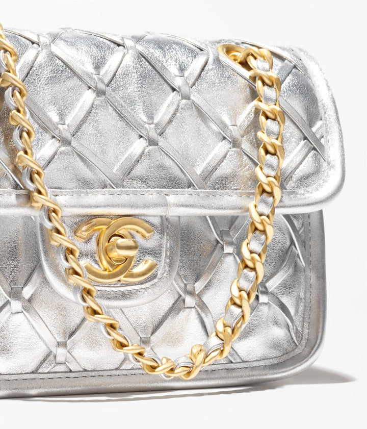 Chanel Silver Metallic Mini Braided Calfskin Flap Bag