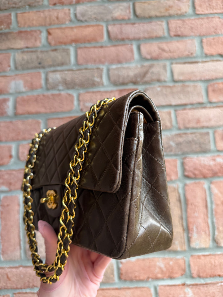 Chanel Medium Classic Flap Bag Lambskin Brown 24K Plated Gold Hardware 1994