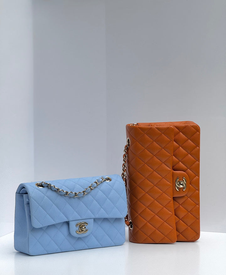 Chanel Small Classic Double Flap Caviar Light Blue Light Gold Hardware 2023