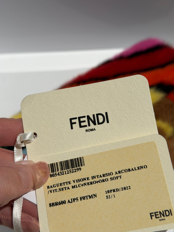 Fendi Baguette Visone Intarsio Arcobaleno Multicolor Mink Fur Gold Hardware 2022