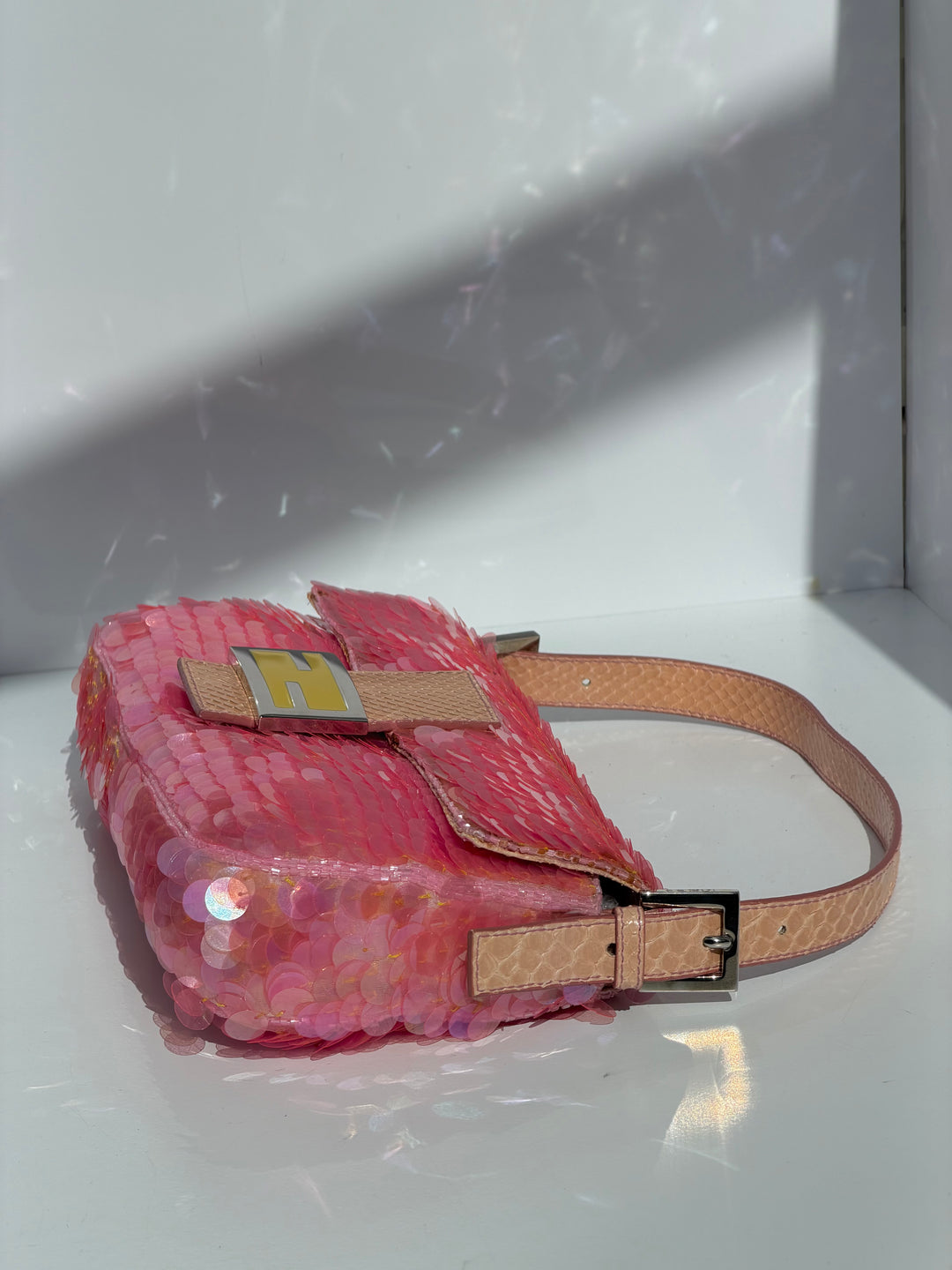 Fendi Pink Sequin Baguette Python Trim Silver Hardware 1998
