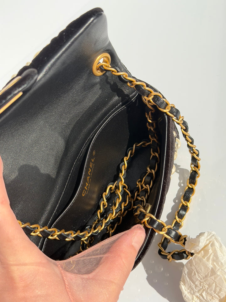 Chanel Black Velvet Mini Pearl Flap Bag