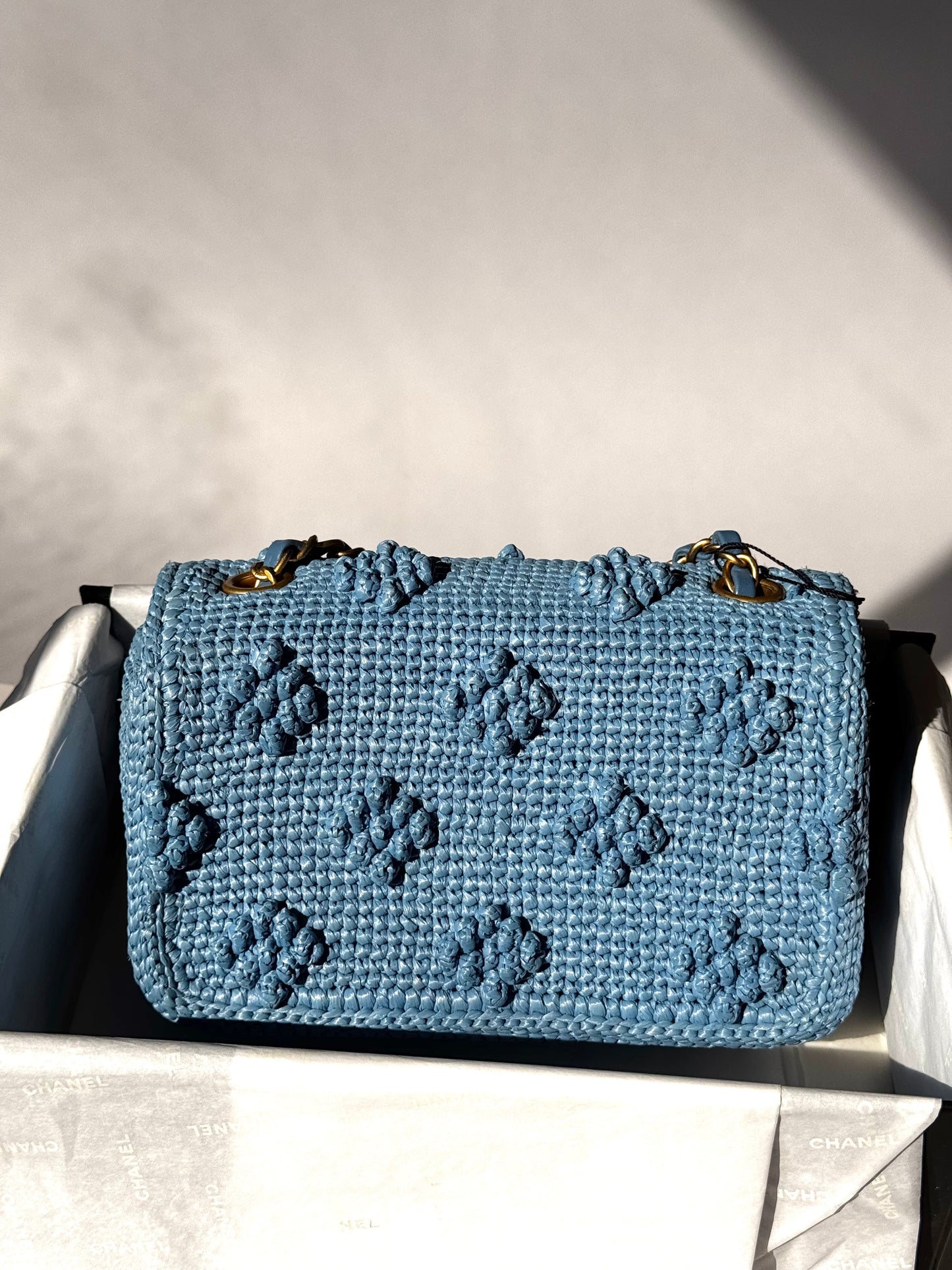 Chanel 24P Blue Braided Raffia Mini Flap Bag