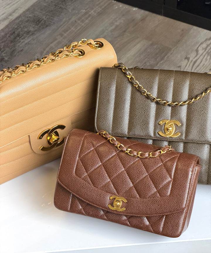 Chanel Small Diana Flap Bag Caviar Brown 24K Plated Gold Hardware 1994
