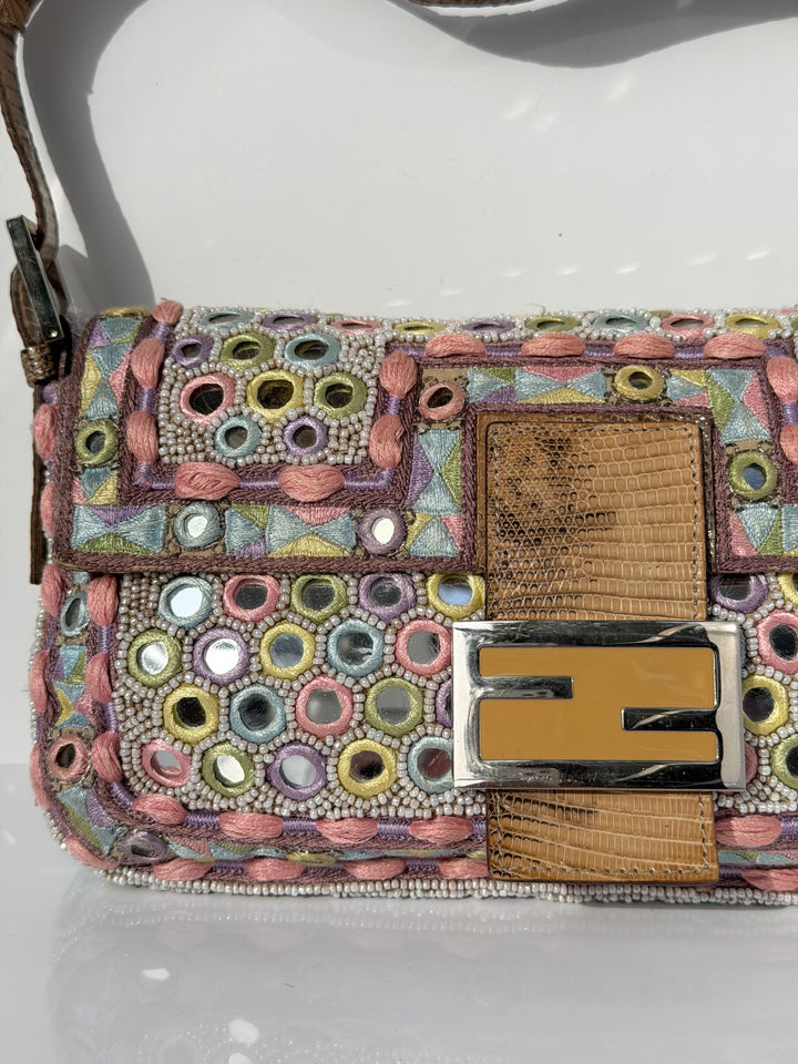 Fendi Baguette Mirror Specchietti Bag Multicolor Silk Embroidery & Beading Lizard Trim 2009