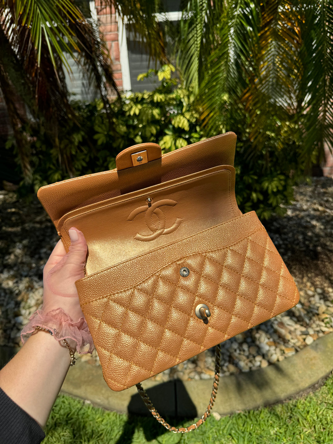 Chanel Copper Gold Metallic Medium Caviar Double Flap Bag