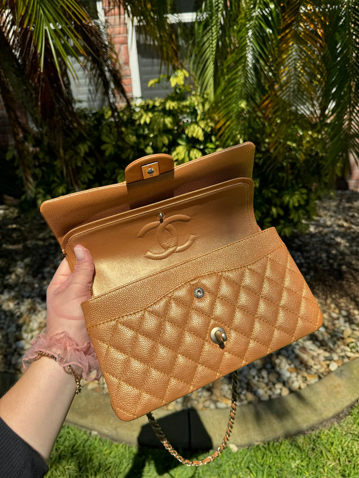 Chanel Copper Gold Metallic Medium Caviar Double Flap Bag