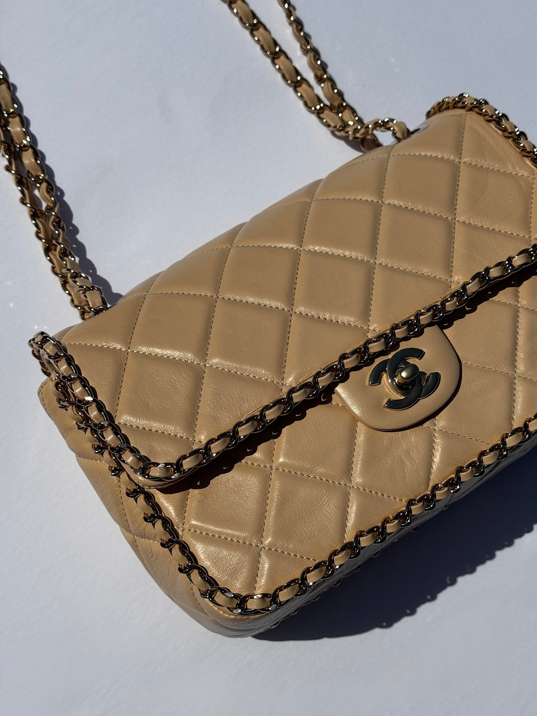 Chanel Beige Crumpled Calfskin Medium Chain All Over Flap Bag