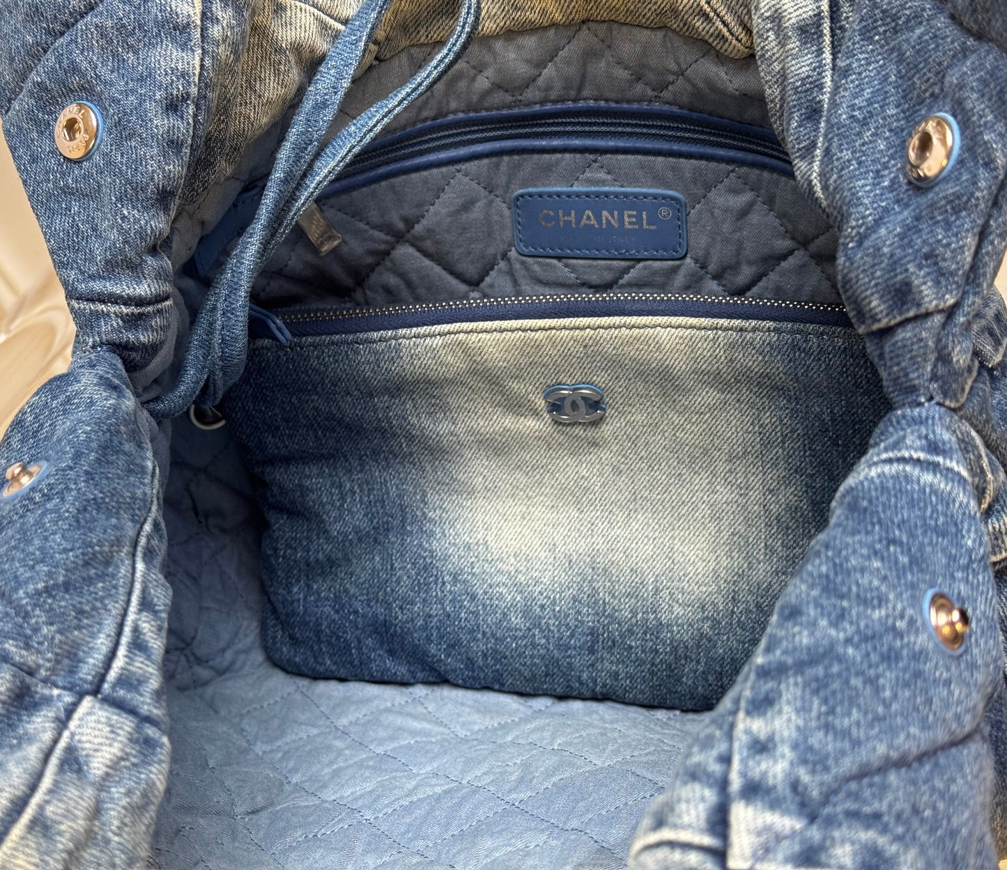 Chanel 23P Small Denim 22 Drawstring Bag